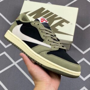 Detailed look at Air Jordan Retro 1 x Travis Scott Black Olive sneakers