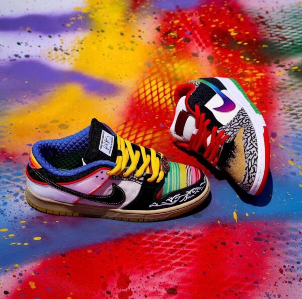 "Nike SB Dunk Low What The Paul sneakers with a unique patchwork design, featuring various materials and colors, perfect for skateboard enthusiasts and sneaker lovers."