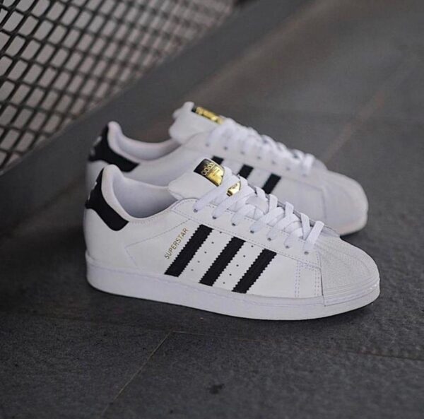 Front view of Adidas Superstar White/Black showcasing the iconic shell-toe design.