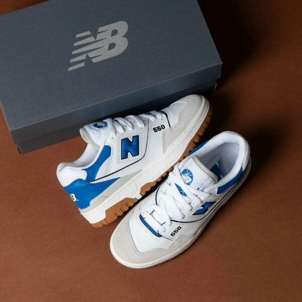 Side view of New Balance 550 White Blue Agate sneakers