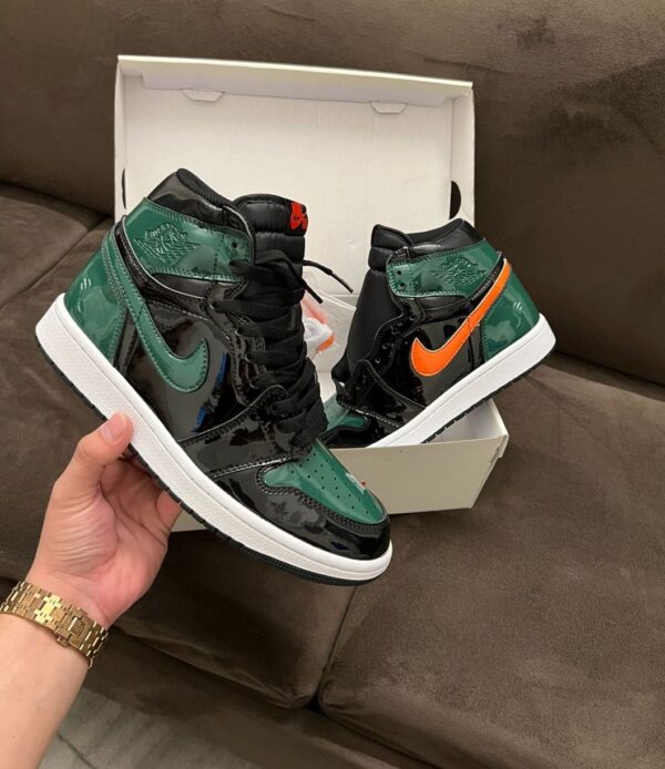 "Air Jordan Retro 1 Patent Miami sneaker featuring a sleek patent leather finish in vibrant Miami colors, displayed in its original box."