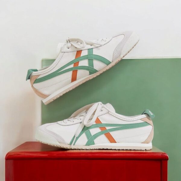 Onitsuka Tiger Mexico 66 Cream Green Orange sneakers featuring premium leather upper with iconic stripes and original box.