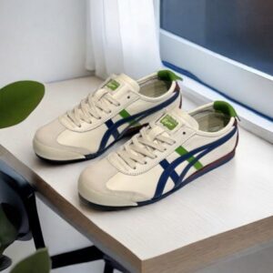 Onitsuka Tiger Mexico 66 Mako Blue Green LaceUp sneakers with premium leather and iconic stripes in original box.