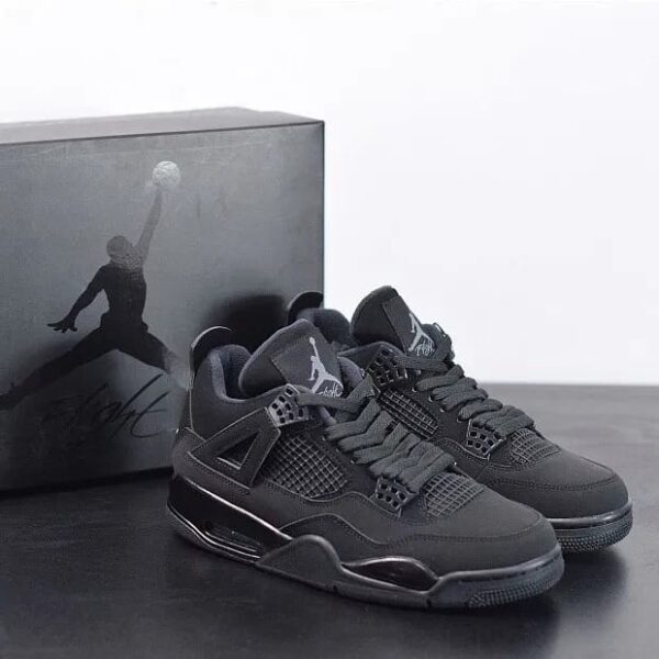 Air Jordan Retro 4 Black Cat sneakers in black color, featuring a sleek design and semi UA quality.