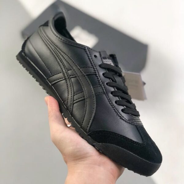 Front view of Onitsuka Tiger Mexico 66 Triple Black sneakers.