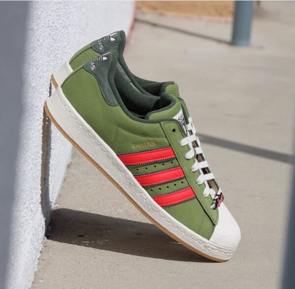 Top view of Adidas Superstar Sheltoe Teenage Mutant Ninja Turtles green red sneakers