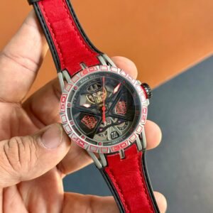 Roger Dubuis Excalibur Spider Huracán Monobalancier automatic skeleton watch with black rubber strap and red accents.