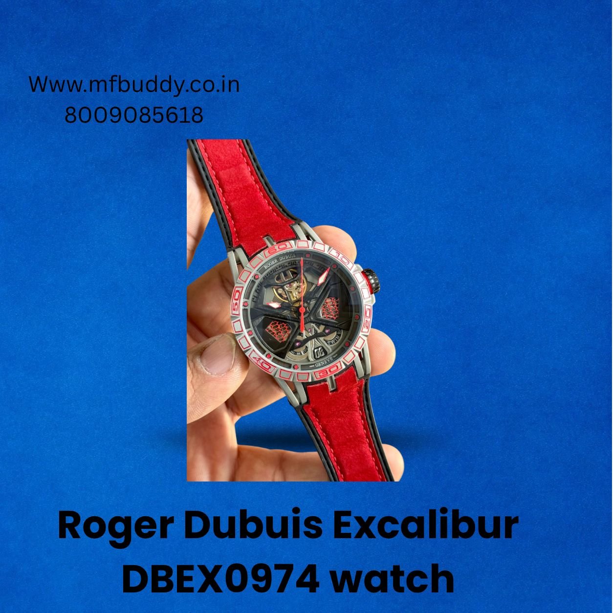 Roger Dubuis Excalibur Spider Huracán Monobalancier automatic skeleton watch with black rubber strap and red accents.